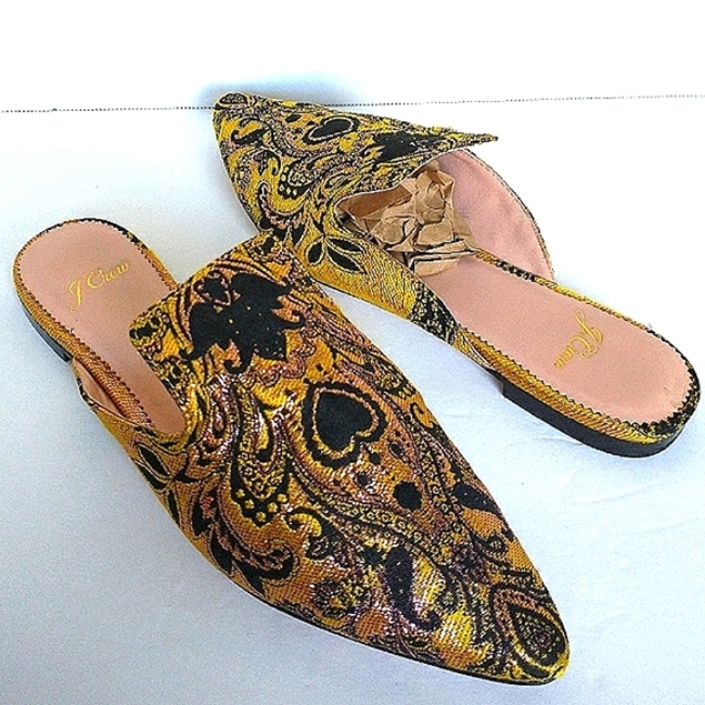 Excellent Used Pair J. Crew Marina Marigold/Black Brocade Pointed Toe Flat Mule - Picture 3 of 14
